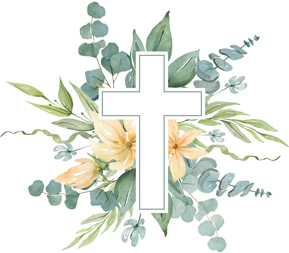 Religious cross with greenery and flowers watercolor illustration